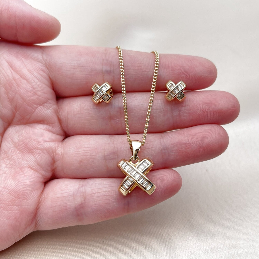 Oro Laminado Earring and Pendant Adult Set, Gold Filled Style Baguette and Love Knot Design, with White Cubic Zirconia, Polished, Golden Finish