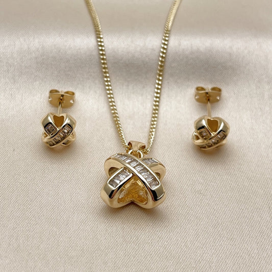 Oro Laminado Earring and Pendant Adult Set, Gold Filled Style Baguette and Love Knot Design, with White Cubic Zirconia, Polished, Golden Finish