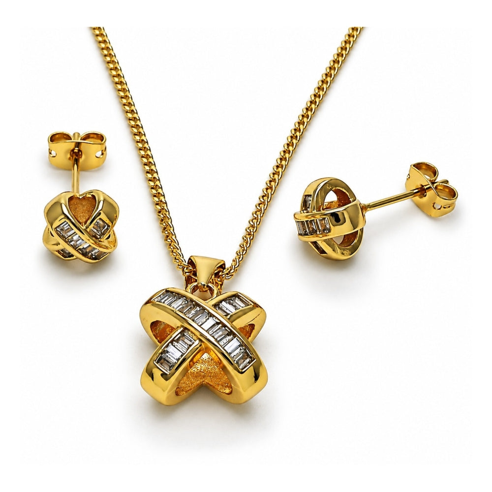 Oro Laminado Earring and Pendant Adult Set, Gold Filled Style Baguette and Love Knot Design, with White Cubic Zirconia, Polished, Golden Finish