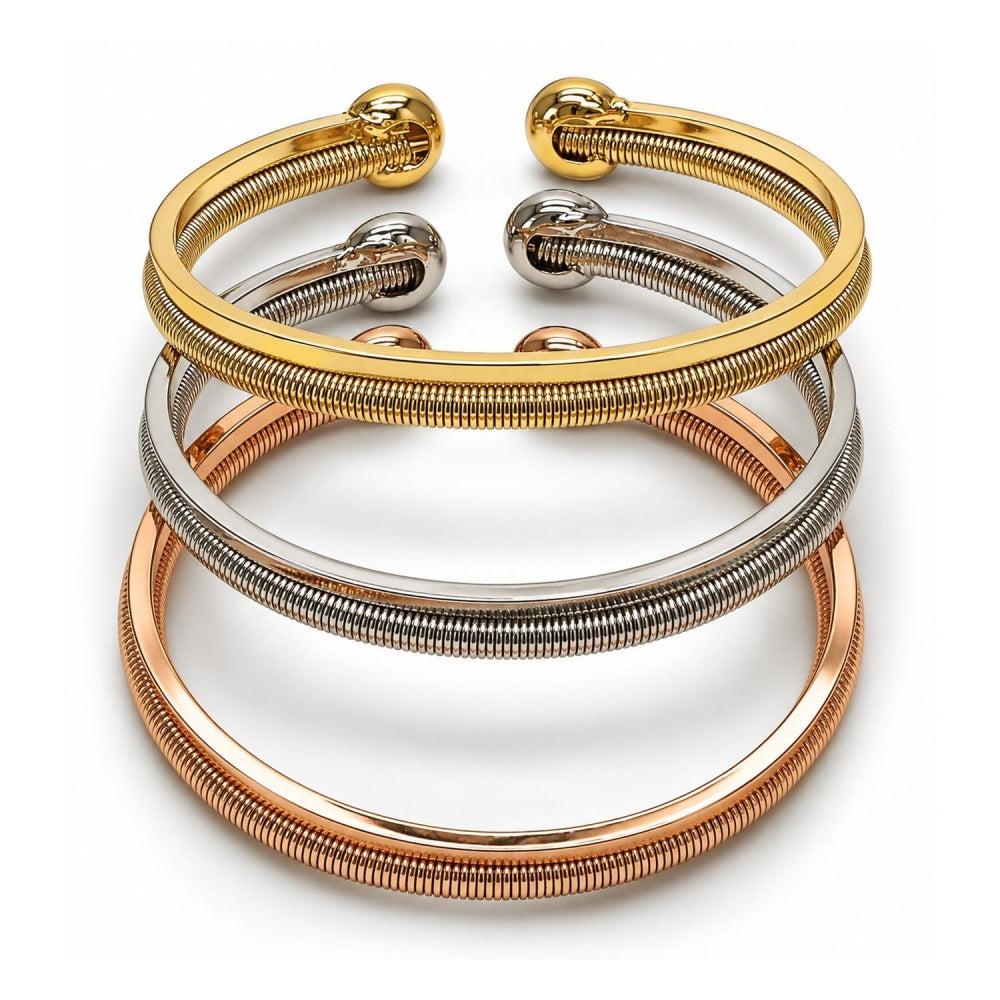 Oro Laminado Trio Bangle, Gold Filled Style Spiral Design, Polished, Tricolor