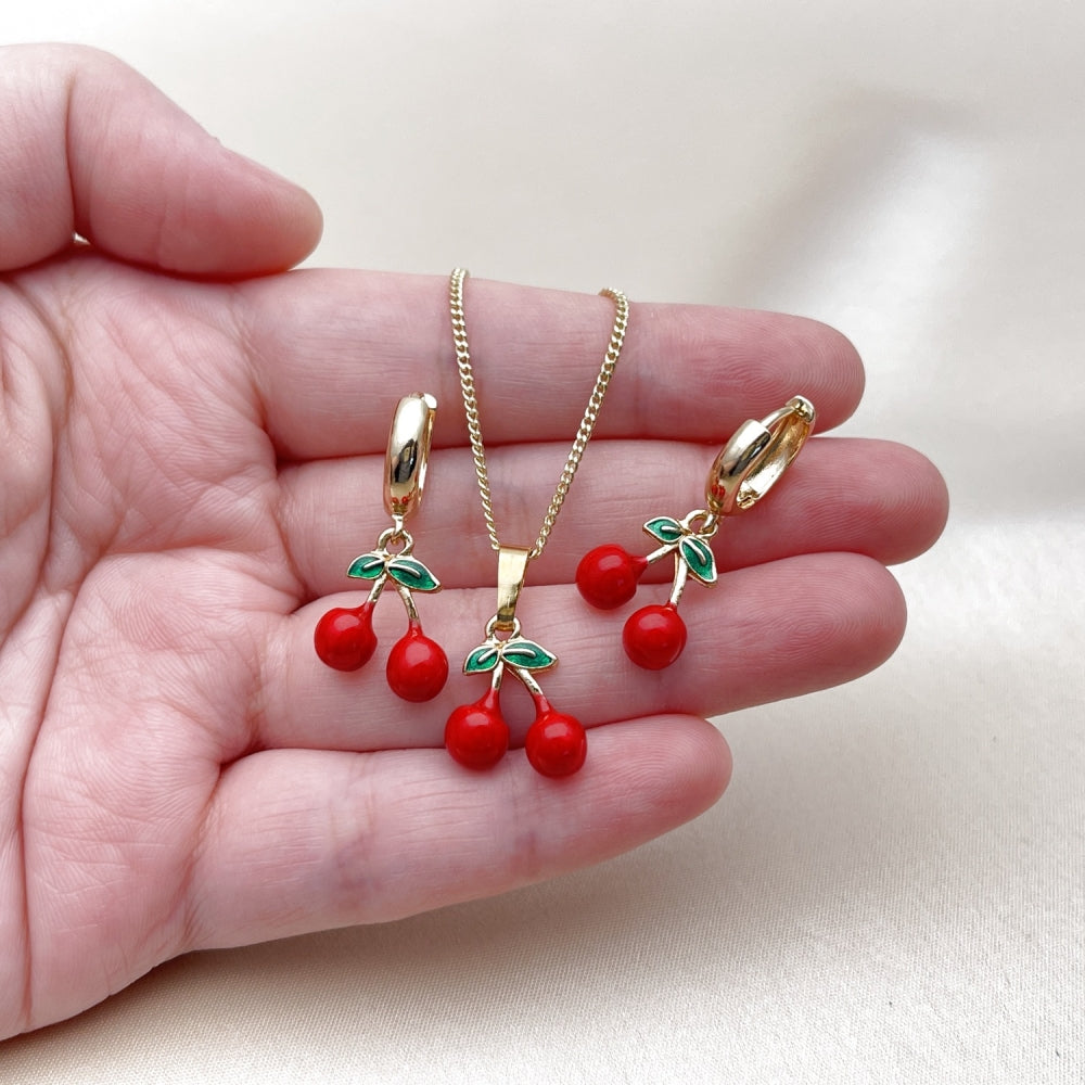 Oro Laminado Earring and Pendant Adult Set, Gold Filled Style Cherry Design, Red Enamel Finish, Golden Finish