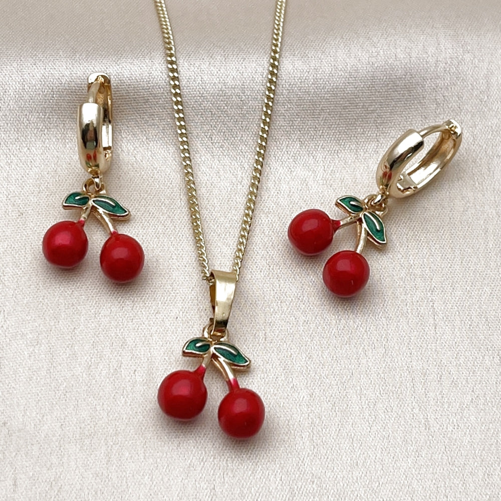 Oro Laminado Earring and Pendant Adult Set, Gold Filled Style Cherry Design, Red Enamel Finish, Golden Finish