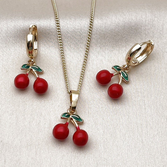 Oro Laminado Earring and Pendant Adult Set, Gold Filled Style Cherry Design, Red Enamel Finish, Golden Finish