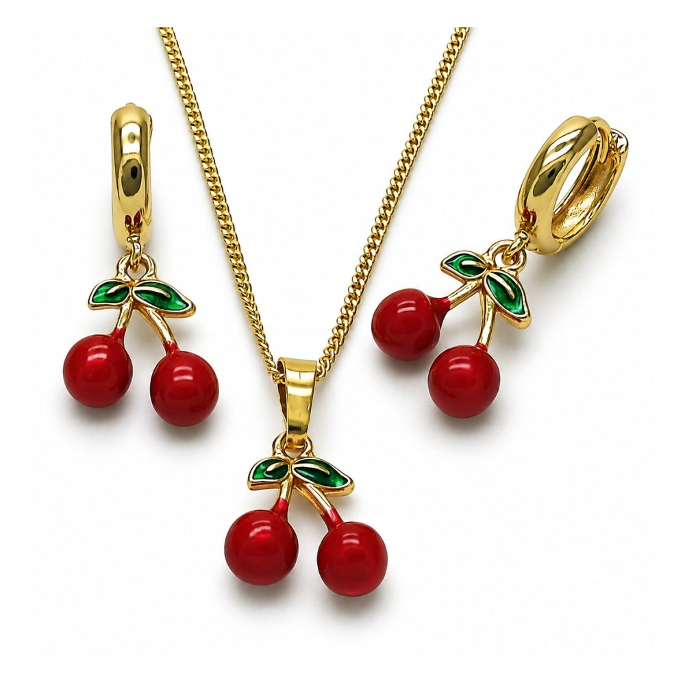Oro Laminado Earring and Pendant Adult Set, Gold Filled Style Cherry Design, Red Enamel Finish, Golden Finish