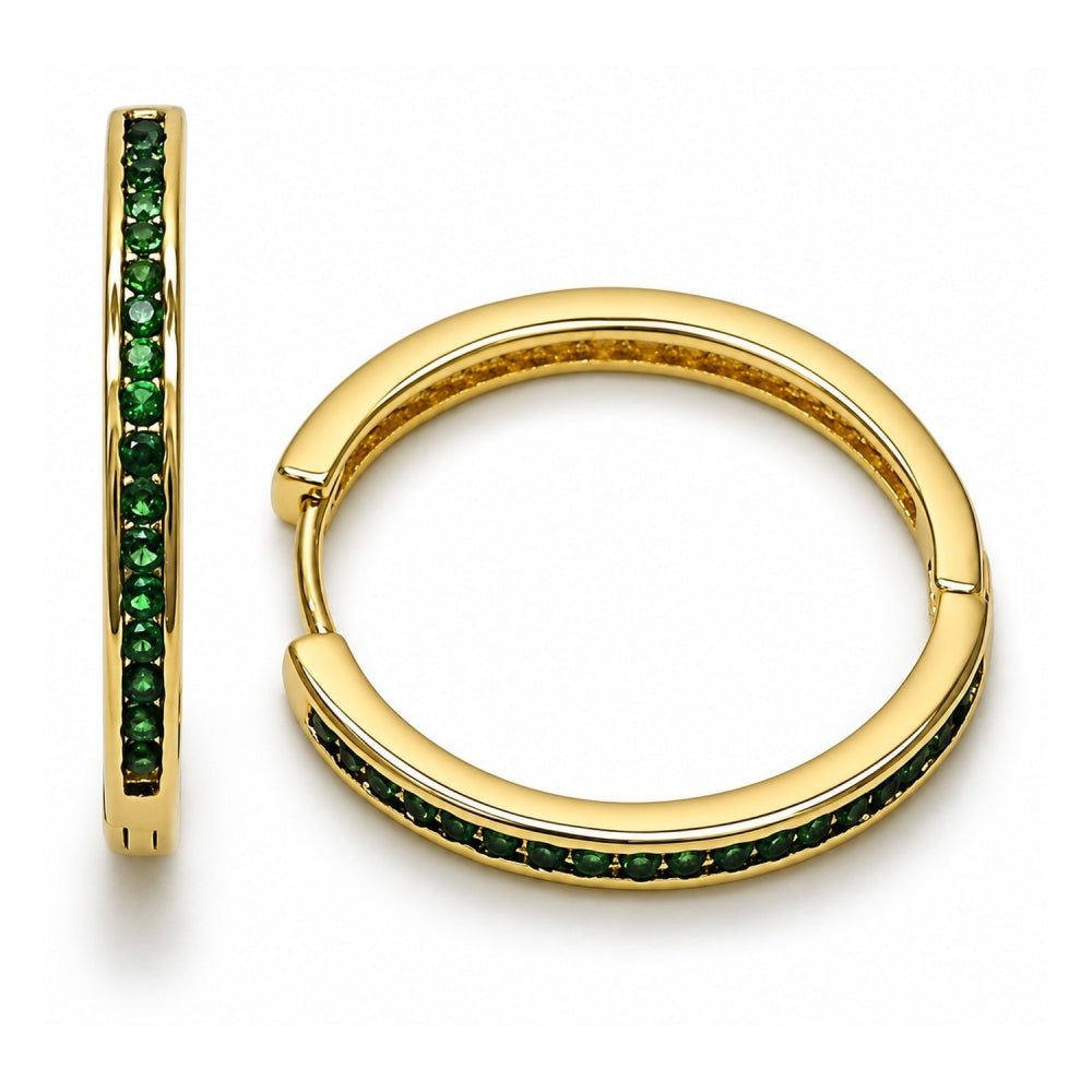 Oro Laminado Huggie Hoop, Gold Filled Style with Green Cubic Zirconia, Polished, Golden Finish