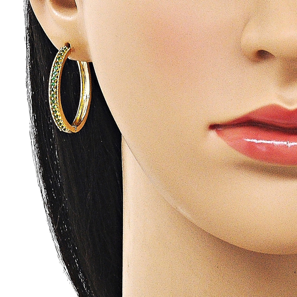 Oro Laminado Huggie Hoop, Gold Filled Style with Green Cubic Zirconia, Polished, Golden Finish