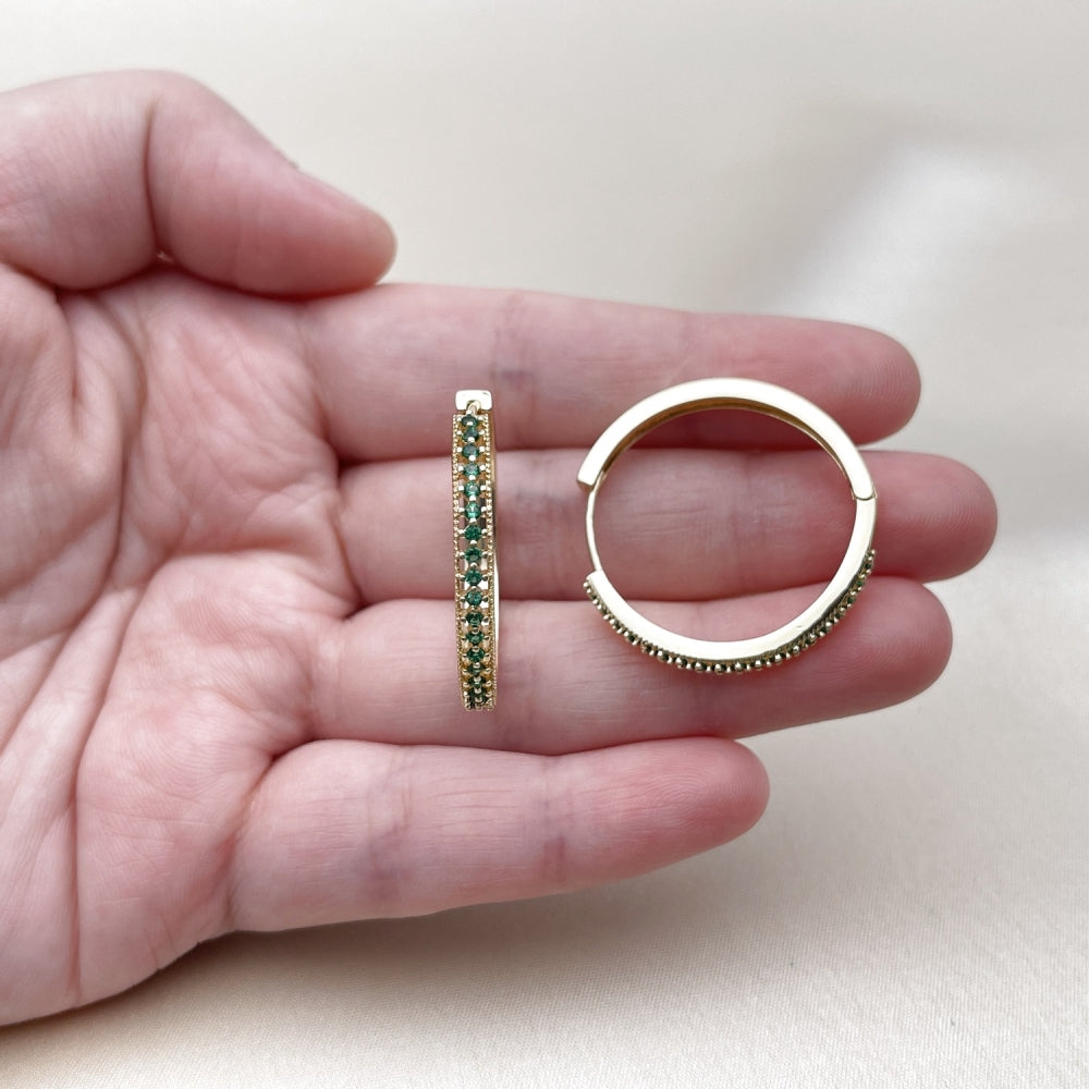 Oro Laminado Huggie Hoop, Gold Filled Style with Green Cubic Zirconia, Polished, Golden Finish