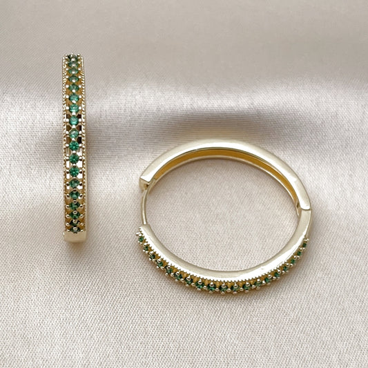 Oro Laminado Huggie Hoop, Gold Filled Style with Green Cubic Zirconia, Polished, Golden Finish