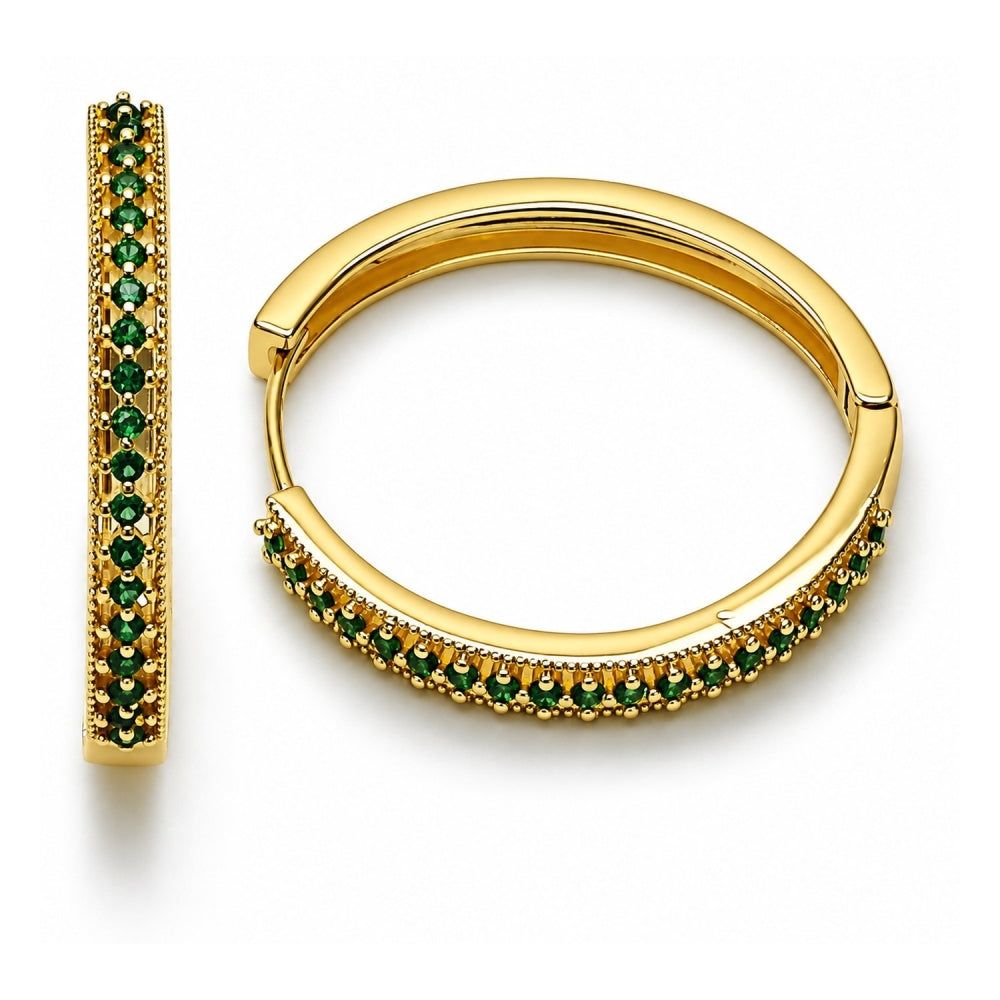 Oro Laminado Huggie Hoop, Gold Filled Style with Green Cubic Zirconia, Polished, Golden Finish