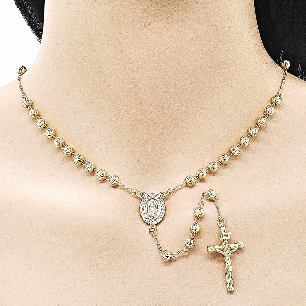 Oro Laminado Medium Rosary, Gold Filled Style Guadalupe and Crucifix Design, with White Cubic Zirconia, Diamond Cutting Finish, Golden Finish