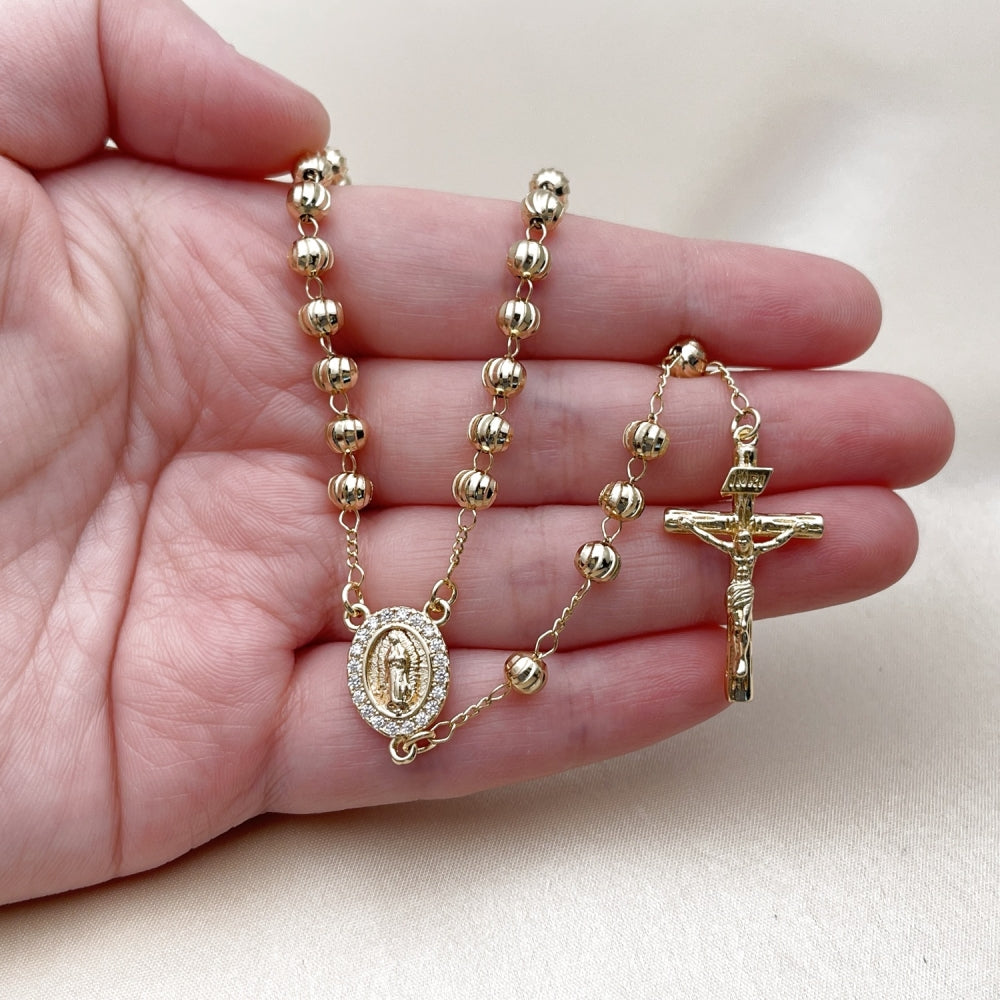 Oro Laminado Medium Rosary, Gold Filled Style Guadalupe and Crucifix Design, with White Cubic Zirconia, Diamond Cutting Finish, Golden Finish