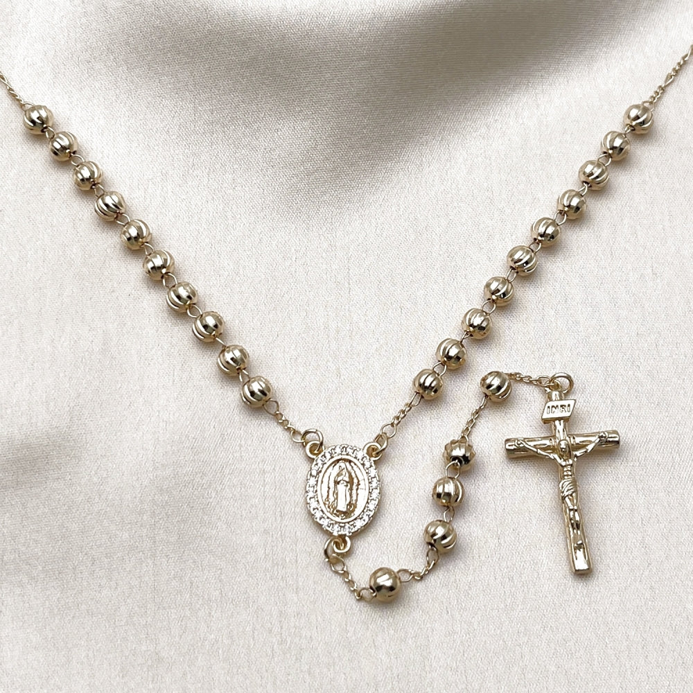 Oro Laminado Medium Rosary, Gold Filled Style Guadalupe and Crucifix Design, with White Cubic Zirconia, Diamond Cutting Finish, Golden Finish