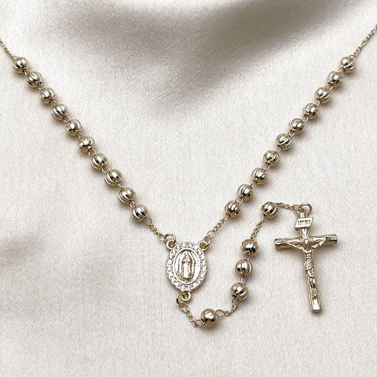 Oro Laminado Medium Rosary, Gold Filled Style Guadalupe and Crucifix Design, with White Cubic Zirconia, Diamond Cutting Finish, Golden Finish