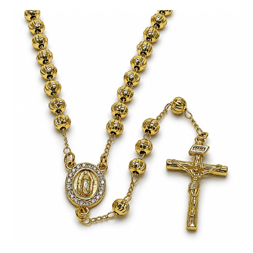 Oro Laminado Medium Rosary, Gold Filled Style Guadalupe and Crucifix Design, with White Cubic Zirconia, Diamond Cutting Finish, Golden Finish