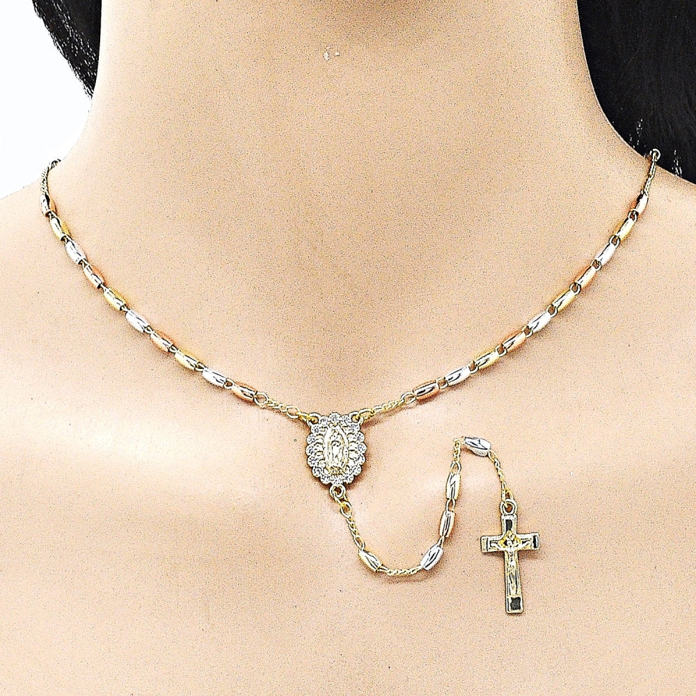 Oro Laminado Thin Rosary, Gold Filled Style Guadalupe and Crucifix Design, with White Cubic Zirconia, Polished, Tricolor
