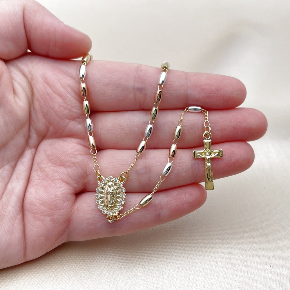 Oro Laminado Thin Rosary, Gold Filled Style Guadalupe and Crucifix Design, with White Cubic Zirconia, Polished, Tricolor