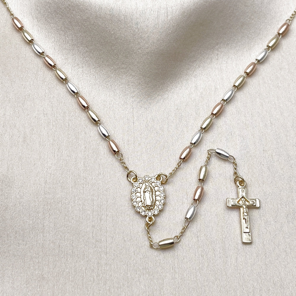 Oro Laminado Thin Rosary, Gold Filled Style Guadalupe and Crucifix Design, with White Cubic Zirconia, Polished, Tricolor