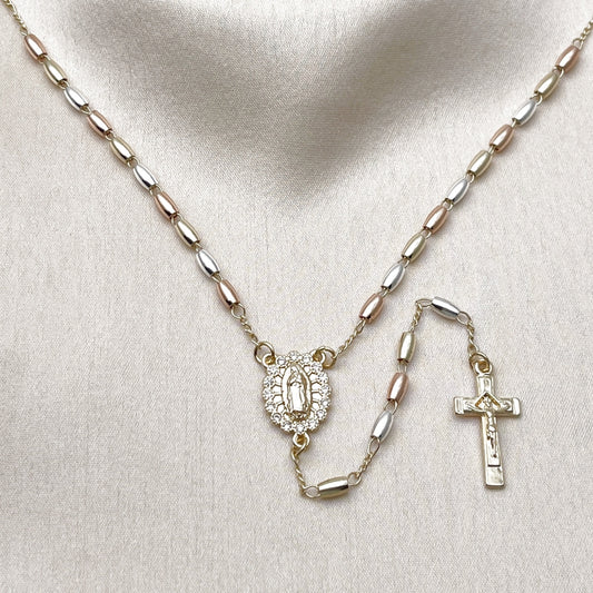 Oro Laminado Thin Rosary, Gold Filled Style Guadalupe and Crucifix Design, with White Cubic Zirconia, Polished, Tricolor