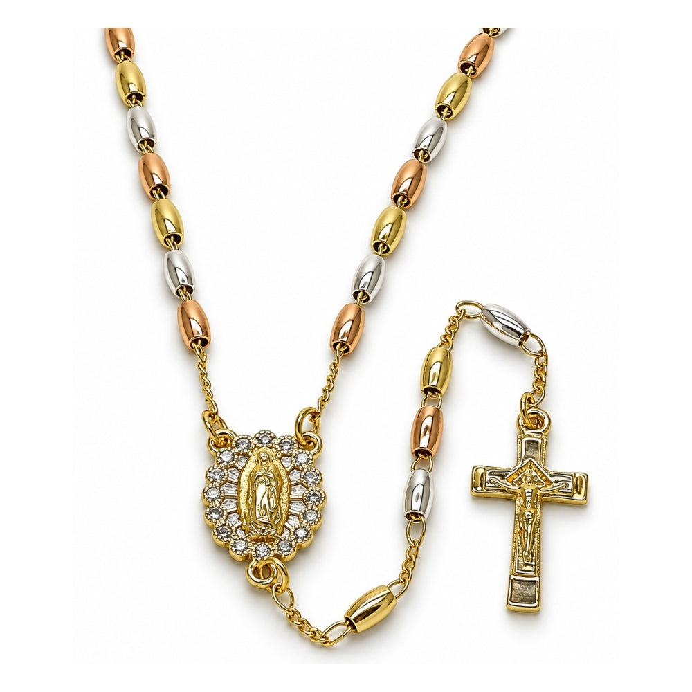 Oro Laminado Thin Rosary, Gold Filled Style Guadalupe and Crucifix Design, with White Cubic Zirconia, Polished, Tricolor