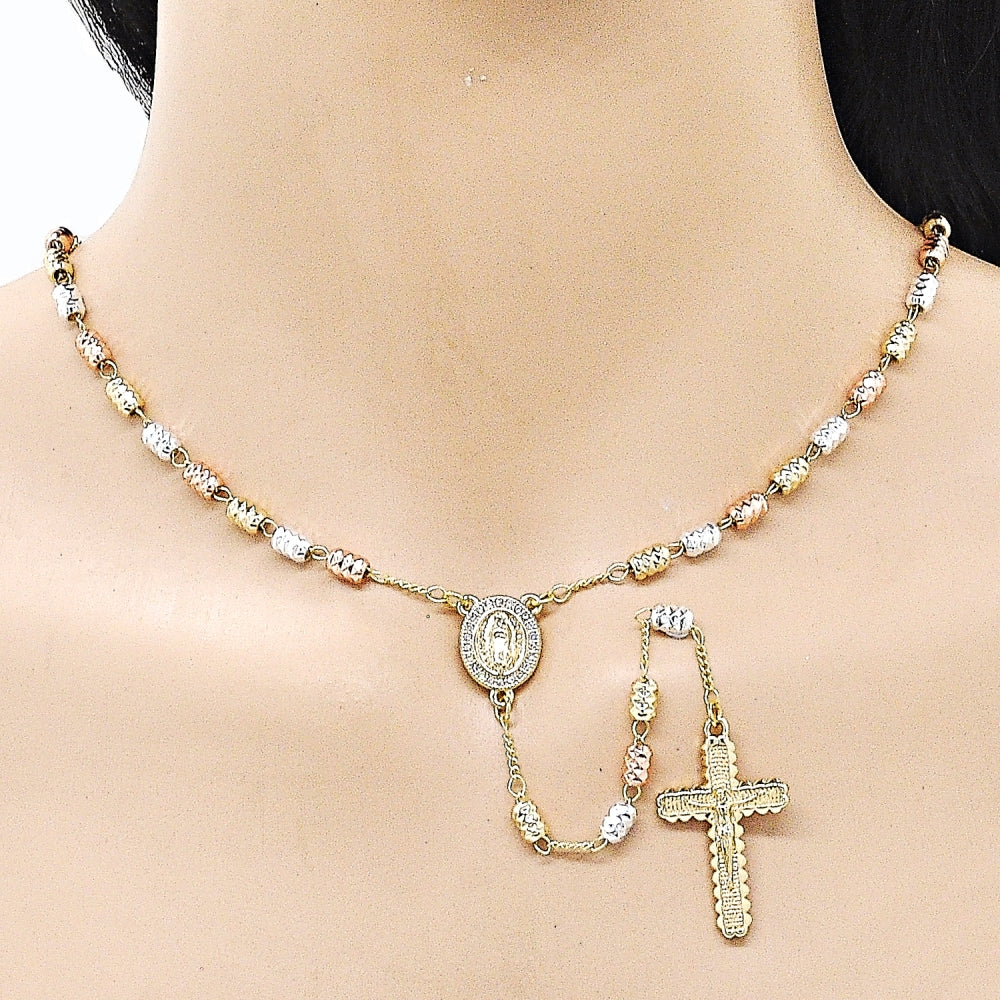 Oro Laminado Thin Rosary, Gold Filled Style Guadalupe and Crucifix Design, with White Micro Pave, Diamond Cutting Finish, Tricolor