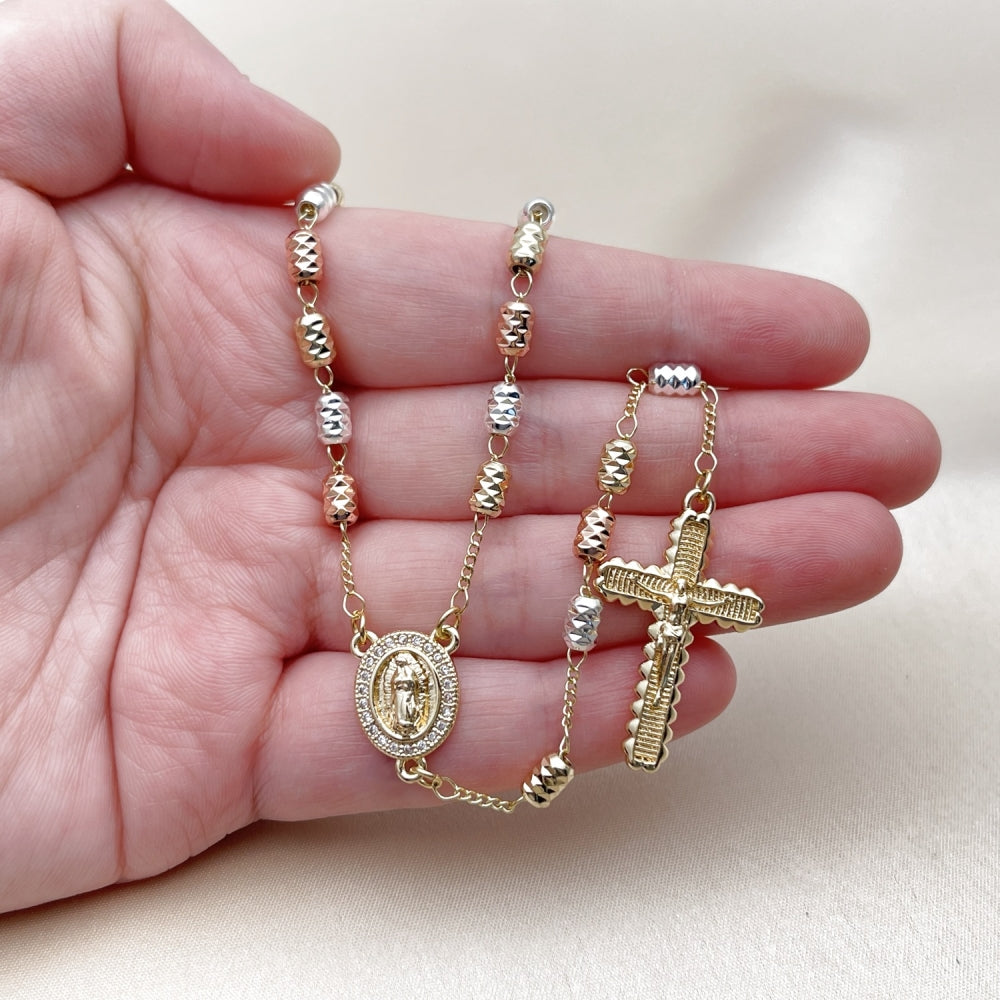 Oro Laminado Thin Rosary, Gold Filled Style Guadalupe and Crucifix Design, with White Micro Pave, Diamond Cutting Finish, Tricolor