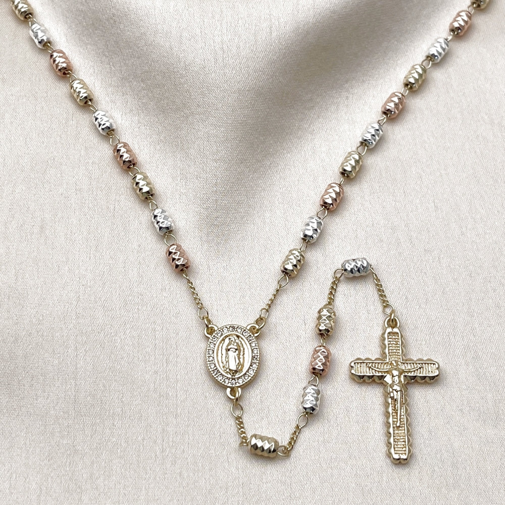 Oro Laminado Thin Rosary, Gold Filled Style Guadalupe and Crucifix Design, with White Micro Pave, Diamond Cutting Finish, Tricolor