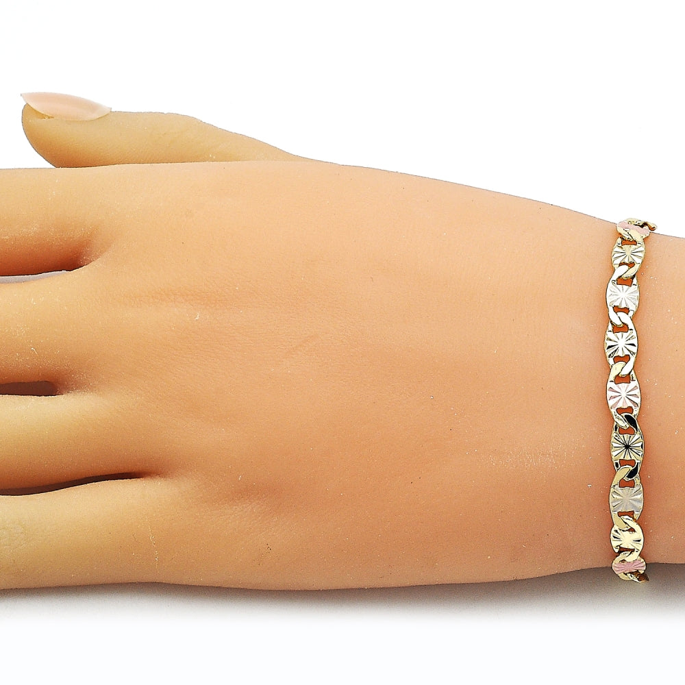 Oro Laminado Basic Bracelet, Gold Filled Style Mariner Design, Diamond Cutting Finish, Tricolor
