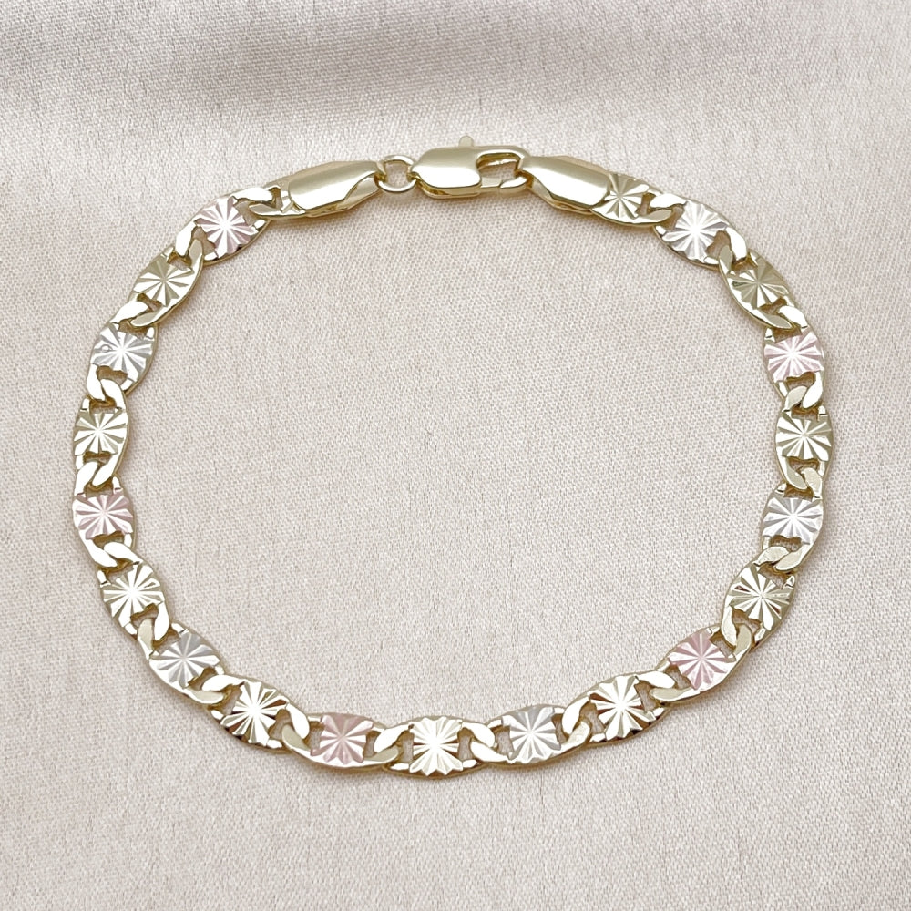 Oro Laminado Basic Bracelet, Gold Filled Style Mariner Design, Diamond Cutting Finish, Tricolor