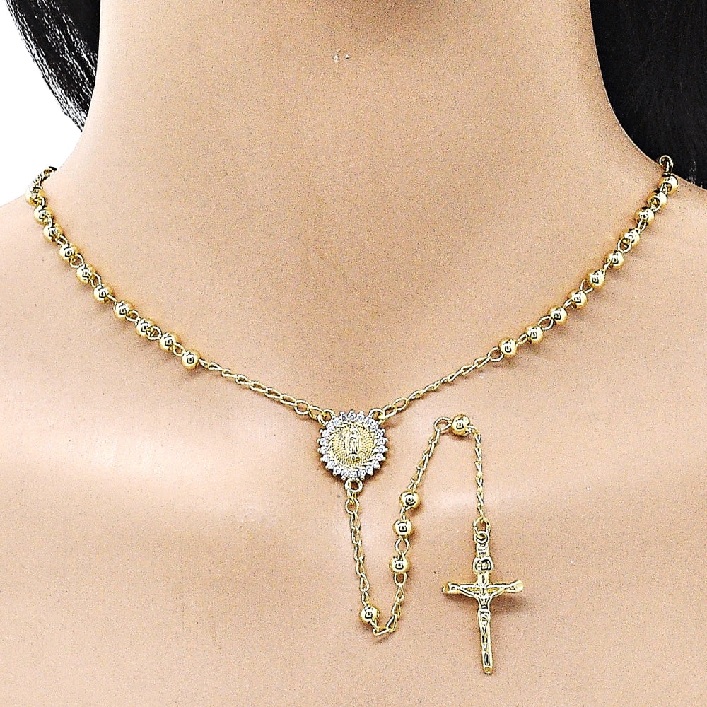 Oro Laminado Thin Rosary, Gold Filled Style Guadalupe and Crucifix Design, with White Cubic Zirconia, Polished, Golden Finish