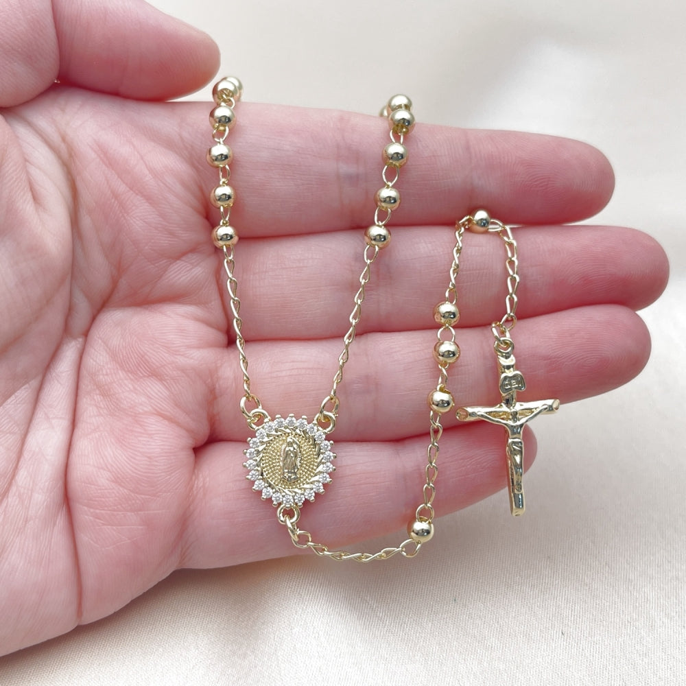 Oro Laminado Thin Rosary, Gold Filled Style Guadalupe and Crucifix Design, with White Cubic Zirconia, Polished, Golden Finish