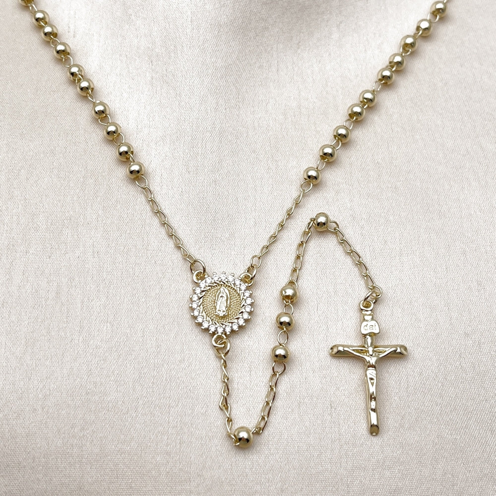 Oro Laminado Thin Rosary, Gold Filled Style Guadalupe and Crucifix Design, with White Cubic Zirconia, Polished, Golden Finish