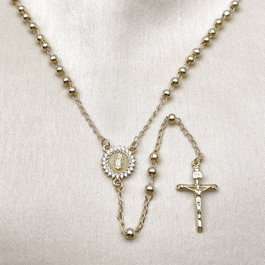 Oro Laminado Thin Rosary, Gold Filled Style Guadalupe and Crucifix Design, with White Cubic Zirconia, Polished, Golden Finish