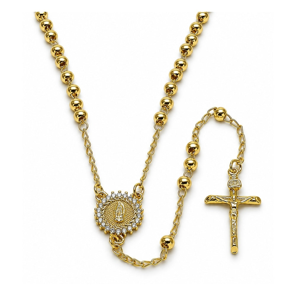 Oro Laminado Thin Rosary, Gold Filled Style Guadalupe and Crucifix Design, with White Cubic Zirconia, Polished, Golden Finish