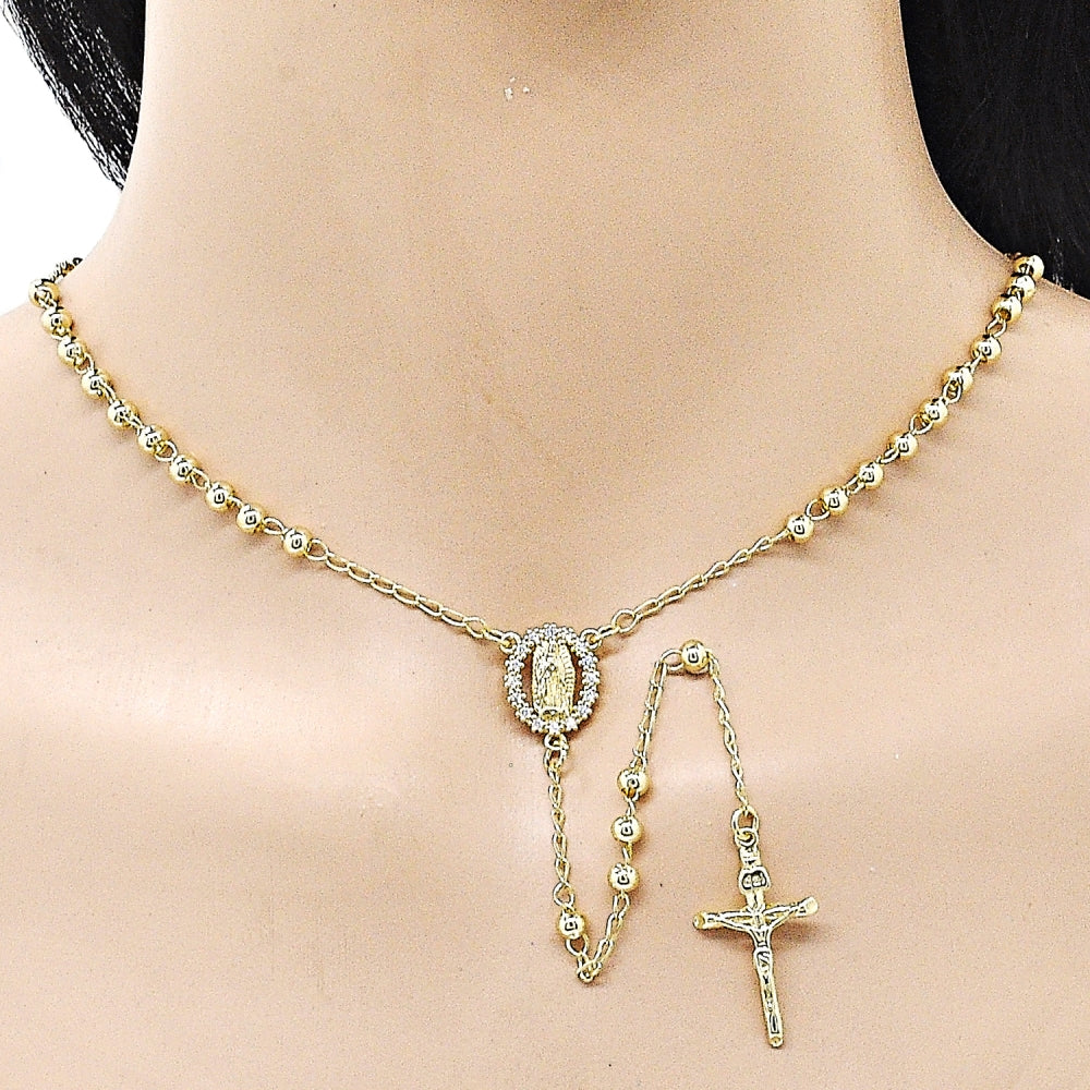 Oro Laminado Thin Rosary, Gold Filled Style Guadalupe and Crucifix Design, with White Cubic Zirconia, Polished, Golden Finish