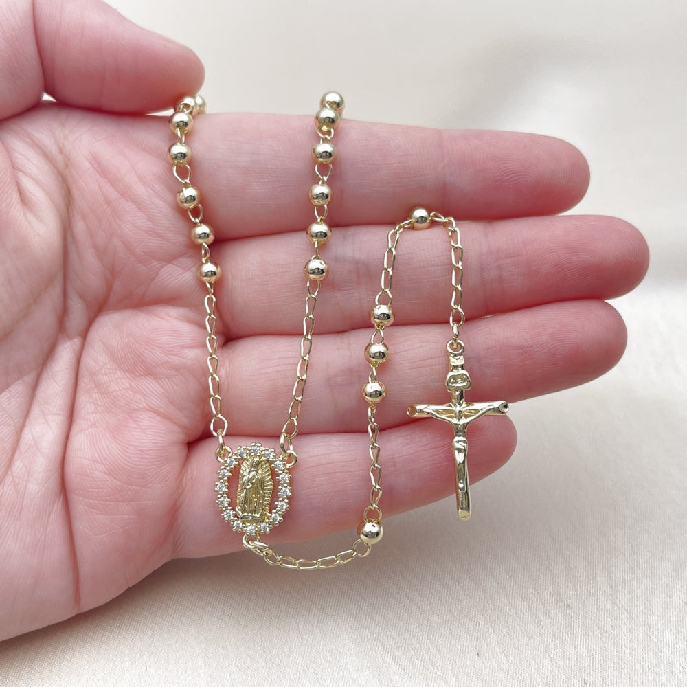 Oro Laminado Thin Rosary, Gold Filled Style Guadalupe and Crucifix Design, with White Cubic Zirconia, Polished, Golden Finish