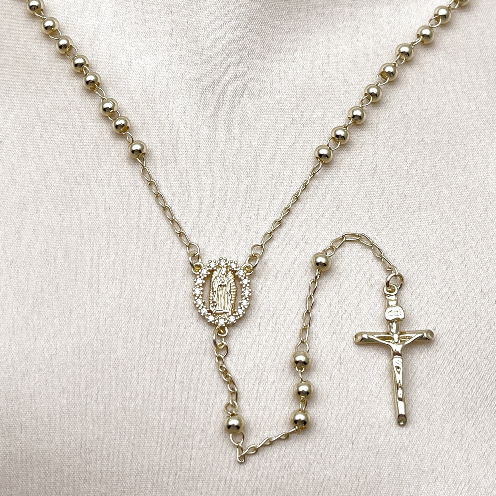 Oro Laminado Thin Rosary, Gold Filled Style Guadalupe and Crucifix Design, with White Cubic Zirconia, Polished, Golden Finish