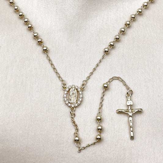 Oro Laminado Thin Rosary, Gold Filled Style Guadalupe and Crucifix Design, with White Cubic Zirconia, Polished, Golden Finish
