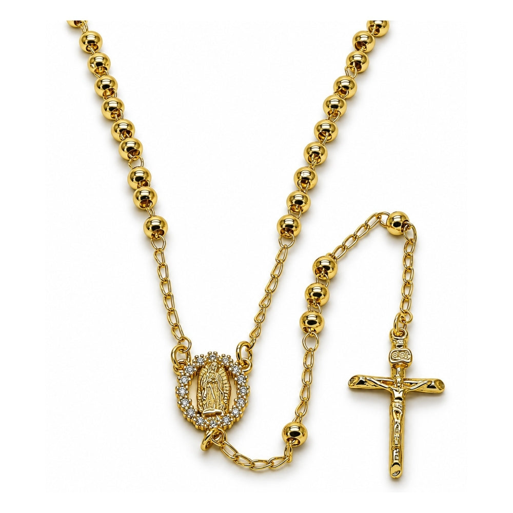 Oro Laminado Thin Rosary, Gold Filled Style Guadalupe and Crucifix Design, with White Cubic Zirconia, Polished, Golden Finish