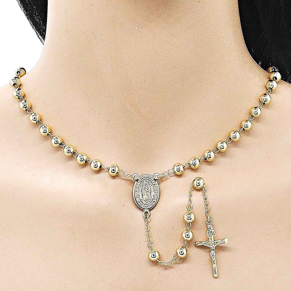 Oro Laminado Medium Rosary, Gold Filled Style Guadalupe and Crucifix Design, Polished, Golden Finish