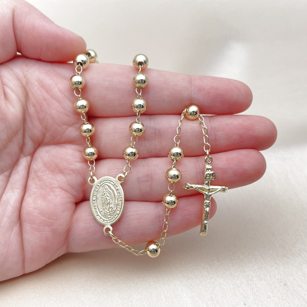 Oro Laminado Medium Rosary, Gold Filled Style Guadalupe and Crucifix Design, Polished, Golden Finish