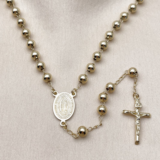 Oro Laminado Medium Rosary, Gold Filled Style Guadalupe and Crucifix Design, Polished, Golden Finish