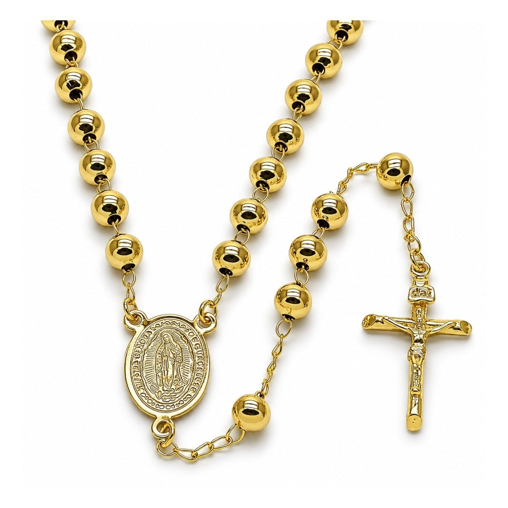 Oro Laminado Medium Rosary, Gold Filled Style Guadalupe and Crucifix Design, Polished, Golden Finish