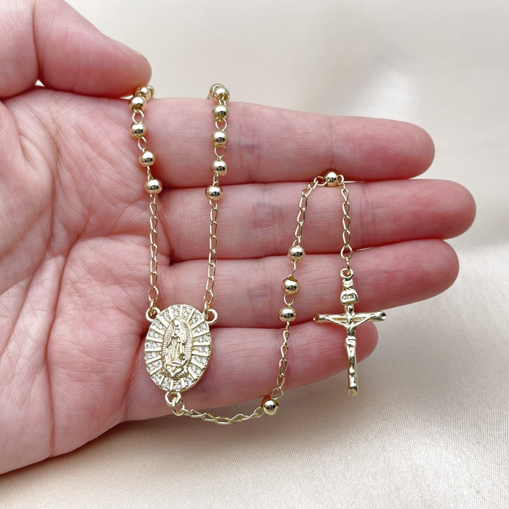 Oro Laminado Thin Rosary, Gold Filled Style Guadalupe and Ball Design, with White Cubic Zirconia, Polished, Golden Finish