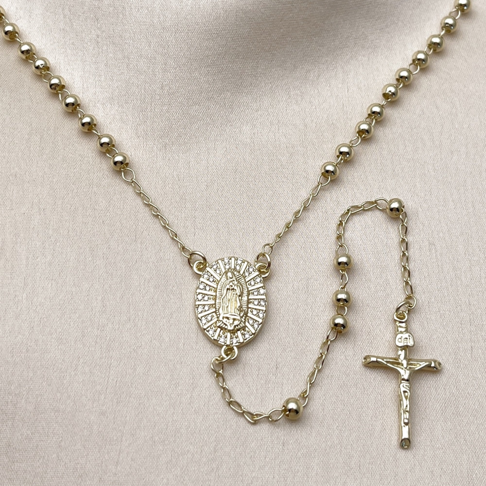 Oro Laminado Thin Rosary, Gold Filled Style Guadalupe and Ball Design, with White Cubic Zirconia, Polished, Golden Finish
