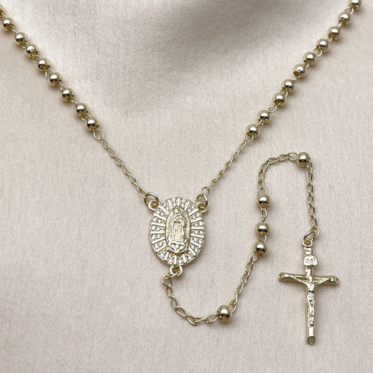 Oro Laminado Thin Rosary, Gold Filled Style Guadalupe and Ball Design, with White Cubic Zirconia, Polished, Golden Finish
