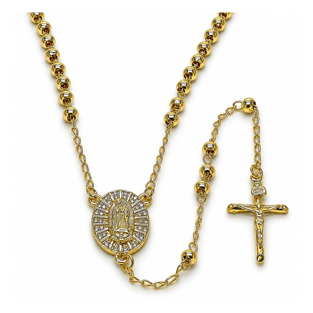 Oro Laminado Thin Rosary, Gold Filled Style Guadalupe and Ball Design, with White Cubic Zirconia, Polished, Golden Finish