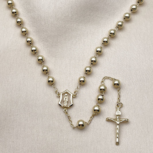 Oro Laminado Medium Rosary, Gold Filled Style Guadalupe and Crucifix Design, Polished, Golden Finish