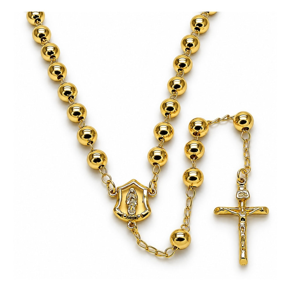 Oro Laminado Medium Rosary, Gold Filled Style Guadalupe and Crucifix Design, Polished, Golden Finish