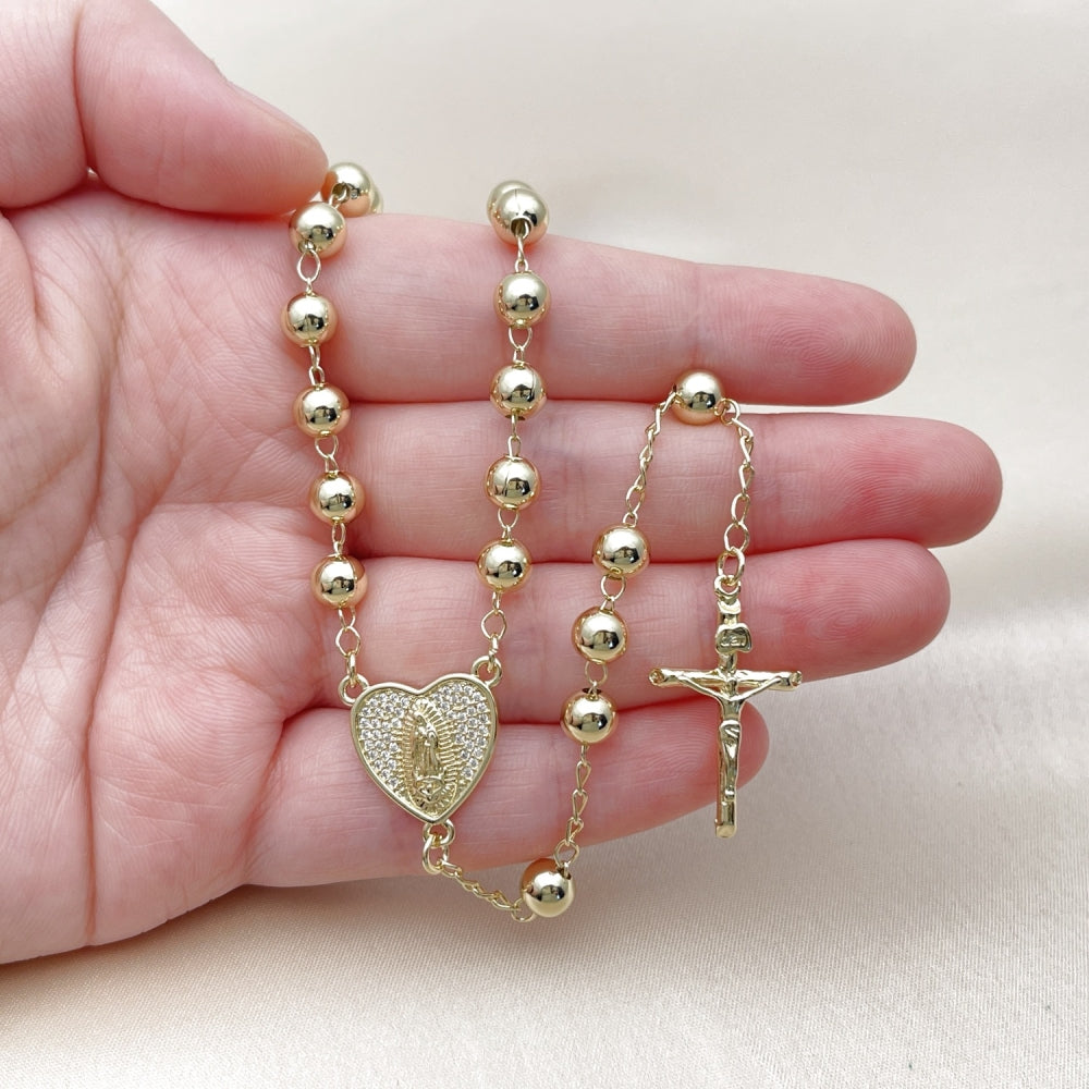 Oro Laminado Medium Rosary, Gold Filled Style Guadalupe and Crucifix Design, with White Micro Pave, Polished, Golden Finish