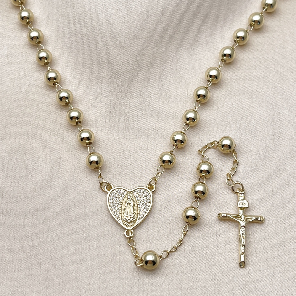 Oro Laminado Medium Rosary, Gold Filled Style Guadalupe and Crucifix Design, with White Micro Pave, Polished, Golden Finish